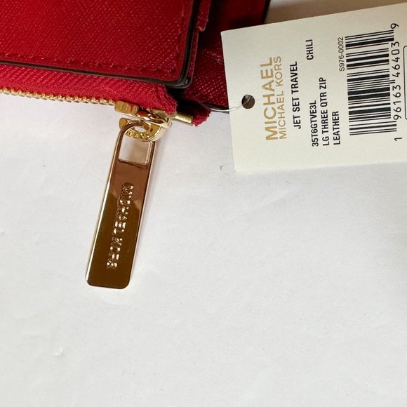 Michael Kors Jet Set Travel Large Three Quarter Zip Leather Wallet Red Chili - Picture 12 of 12